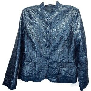 Erm London Womens size L Button Up Blue Reflective Textured Lined Jacket RN78902